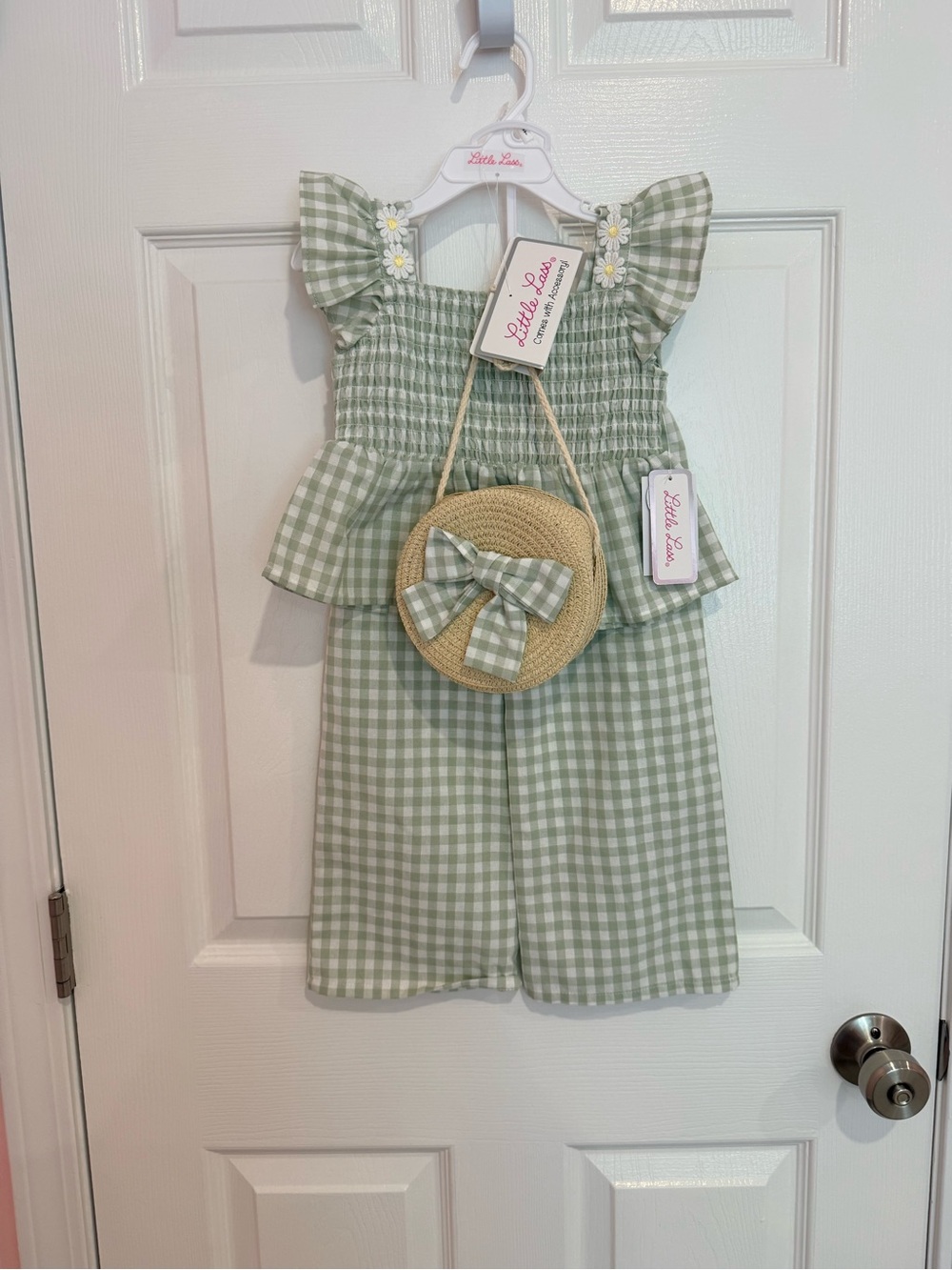 Little Lass Light Green Gingham Dress with Daisy Trim